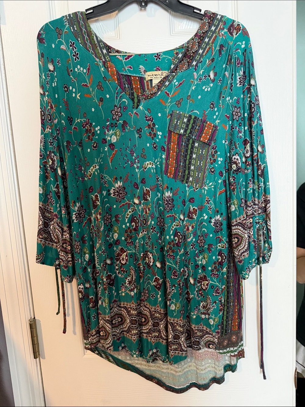 One World XL Teal Floral Boho Tunic Multicolor Patch Pocket Oversized